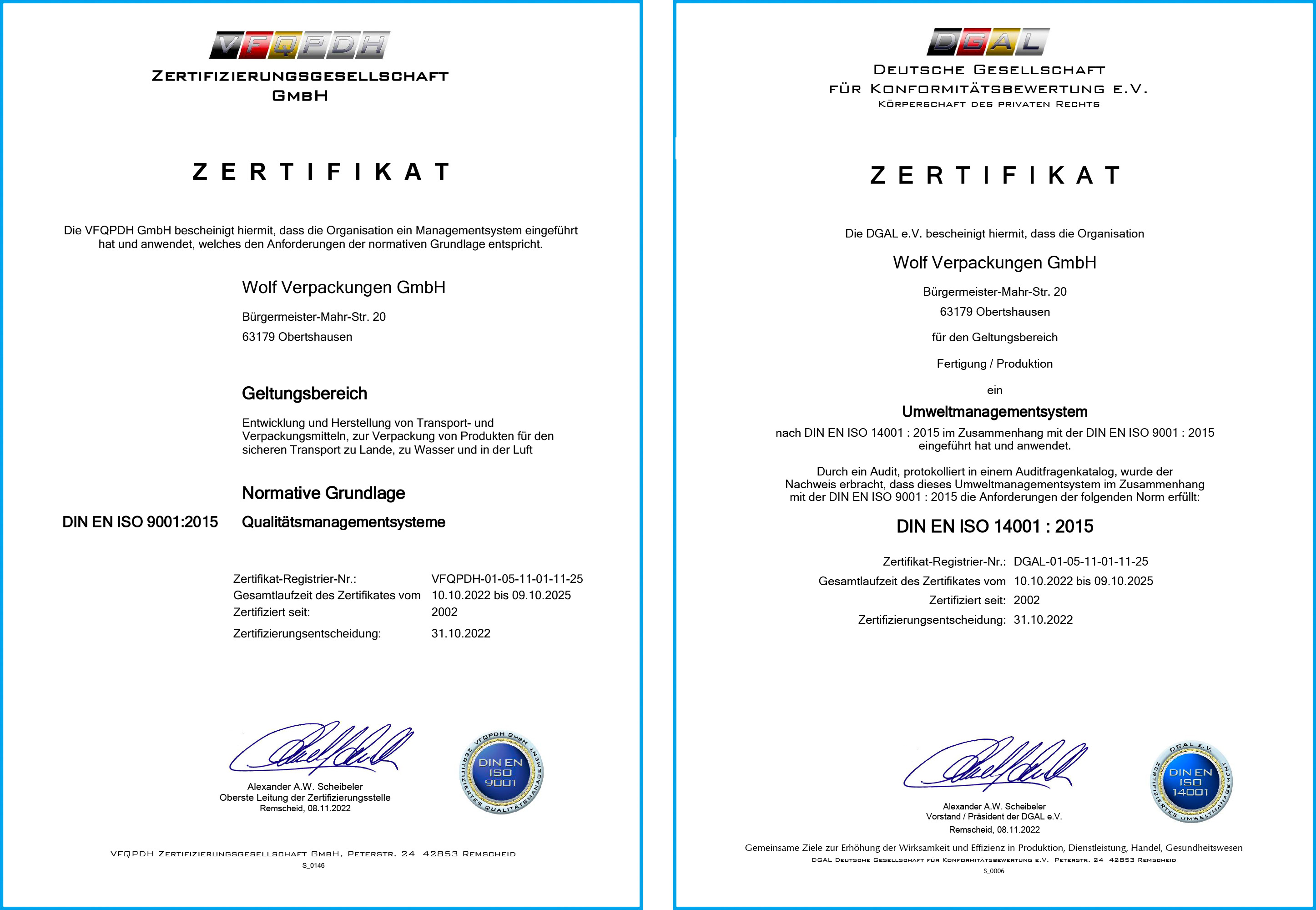 Wolf Verpackungen GmbH Zertifikate